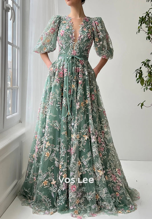 A-Line Short Sleeve V Neck Appliques Lace Floor-Length Prom Dresses