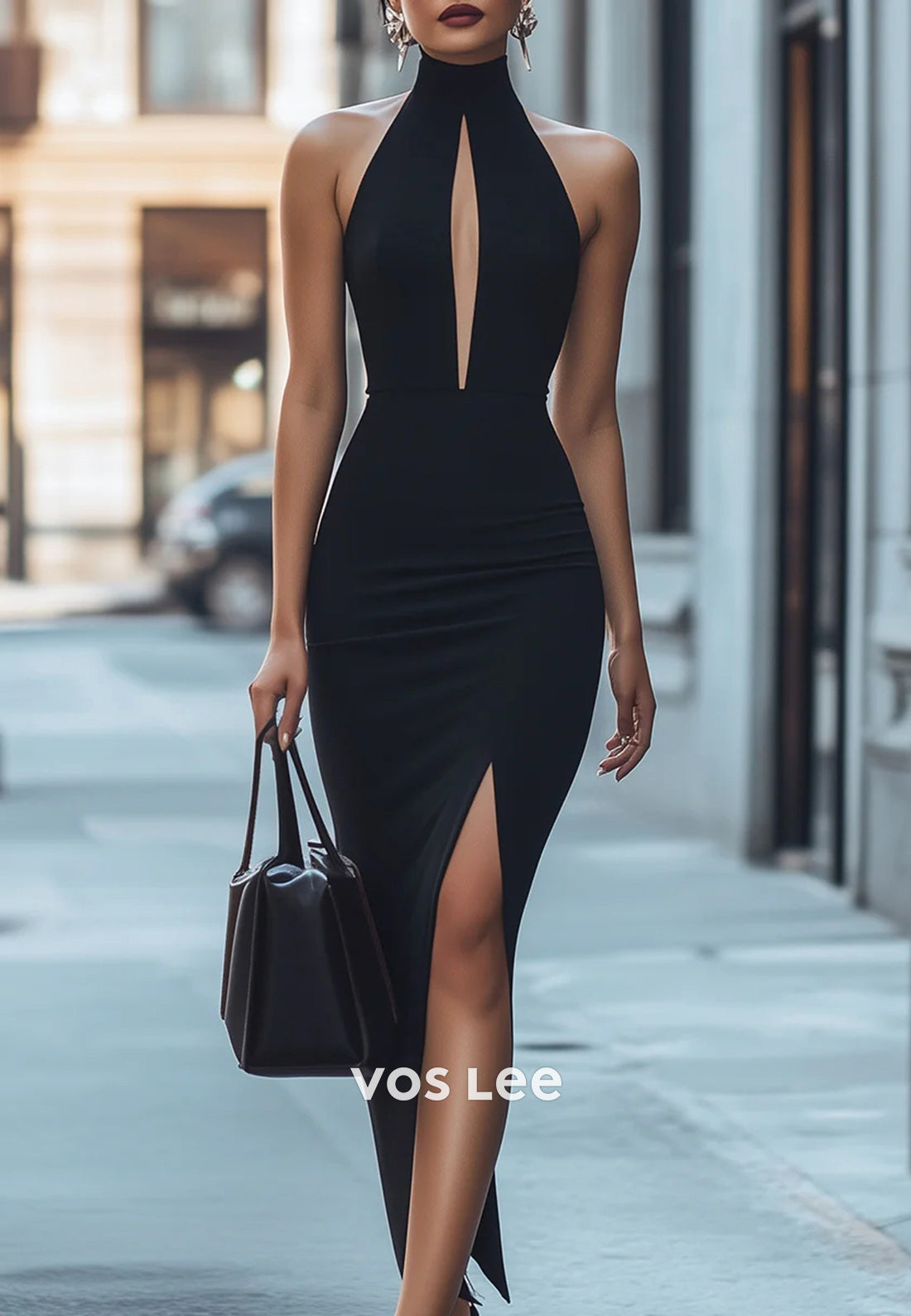 Sexy & Hot Black Halter Ankle-Length Mermaid Wedding Guest Dresses with High Split