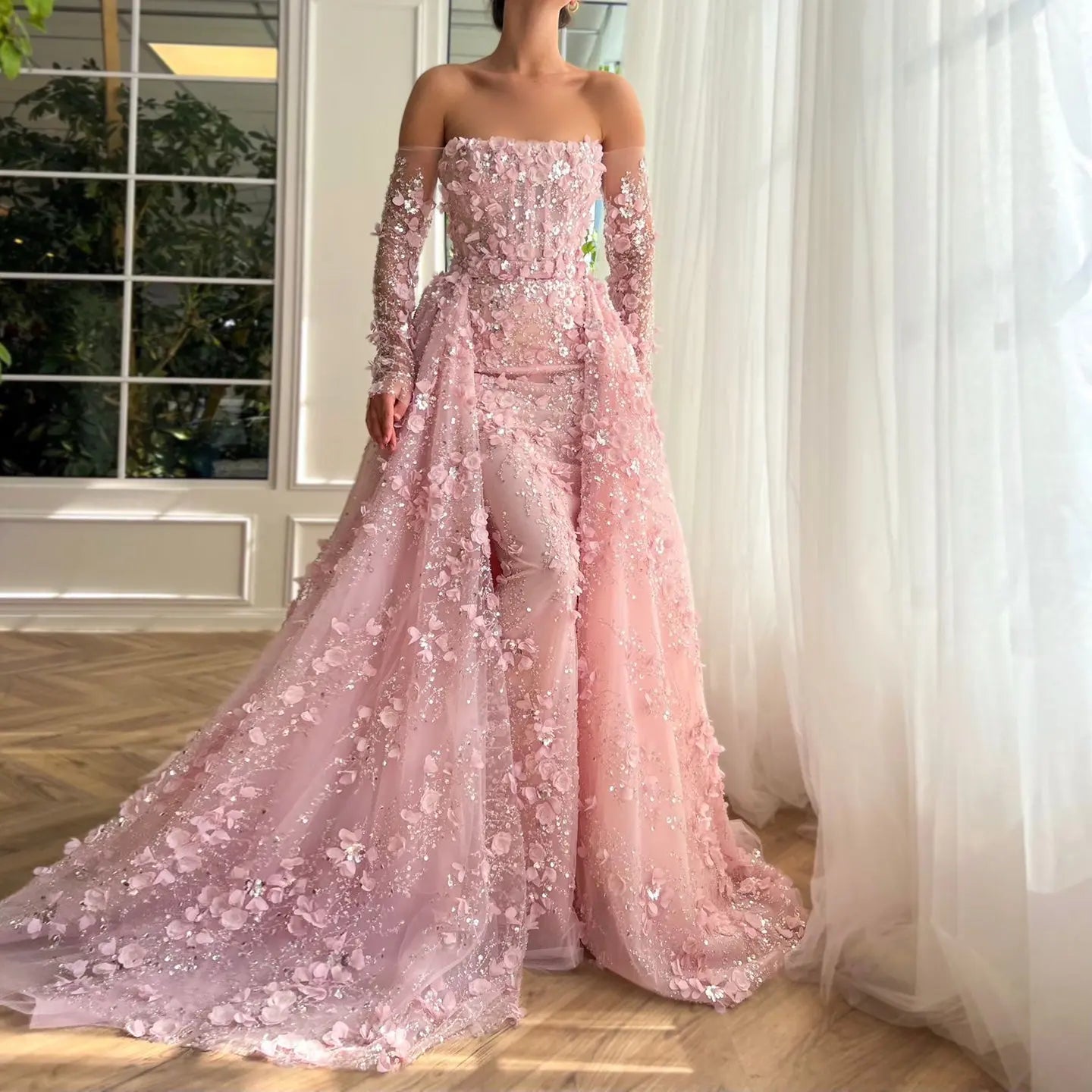 3D Floral Pink Off Shoulder Mermaid Prom Dress with Detachable Train
