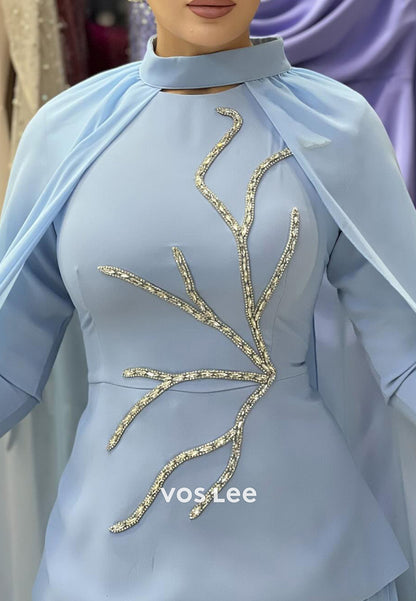Long Sleeve High Neck Rhinestone Embellished Floor-Length Pleated Evening Dresses