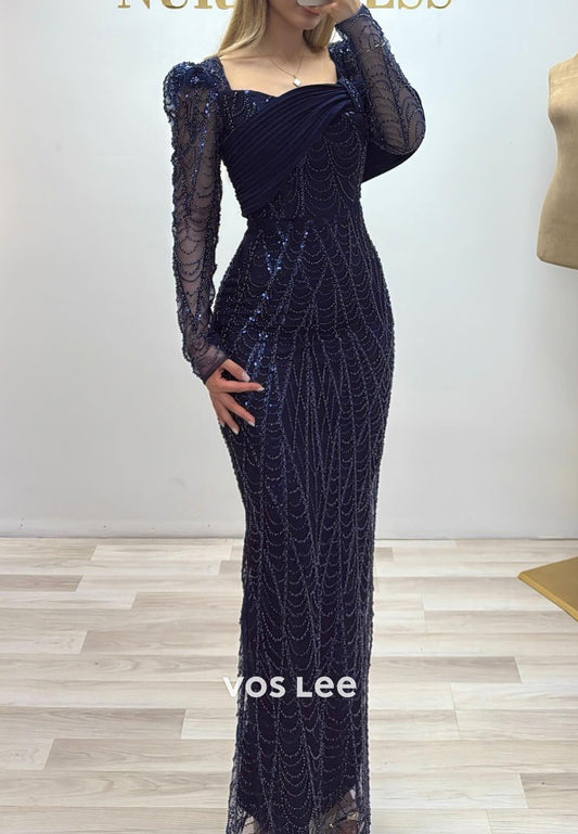 Dark Navy Long Sleeve Scoop Fully Beaded Mermaid Evening Dresses