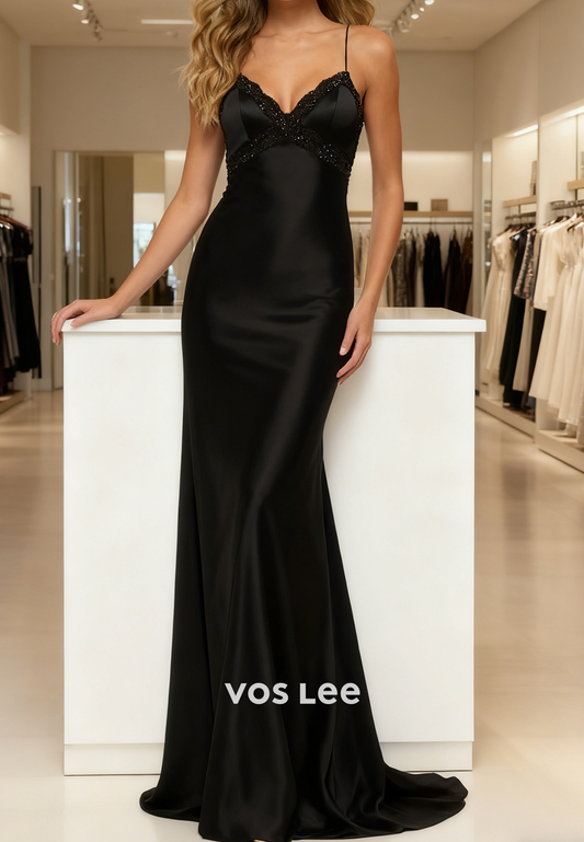 Elegant Black Spagetti Straps Long Sheath Prom Dress