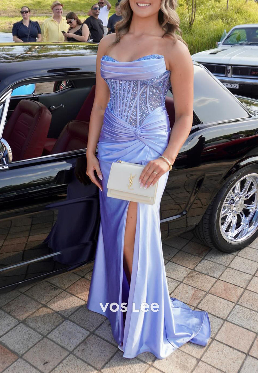 Strapless Sweetheart  Long Prom Dress With High Slit Sequins