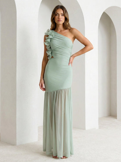 Sage Green One Shoulder Slit Maxi Dress Prom Dress with 3D Flower