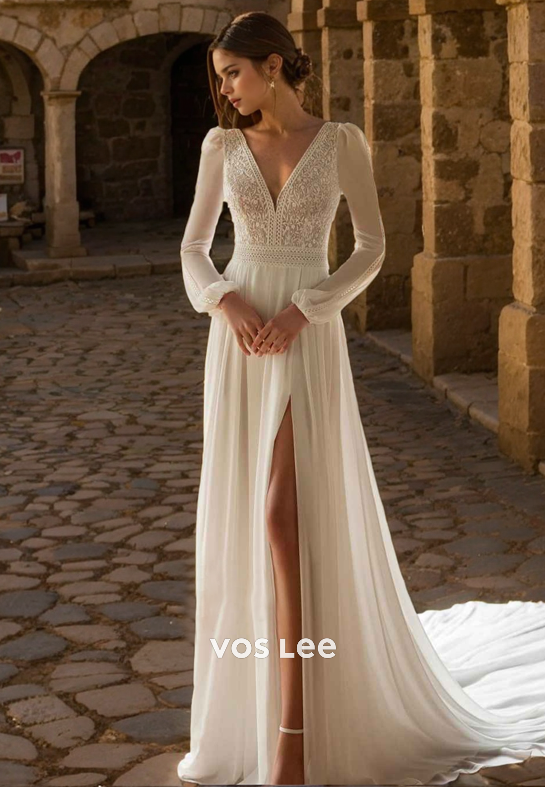 V Neck Elegant Chiffon Engagement Dresses with Split Full Sleeves Button Back Wedding Dress