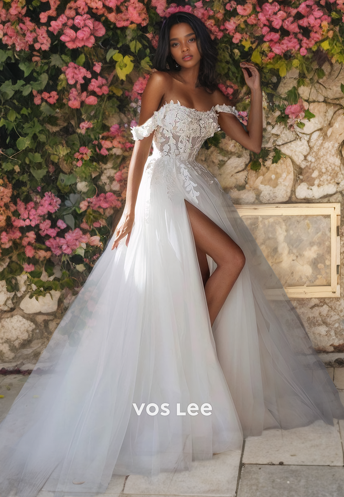 Boho A-Line Off-shoulder Tulle Wedding Dress/Beach Wedding Dress with High Slit