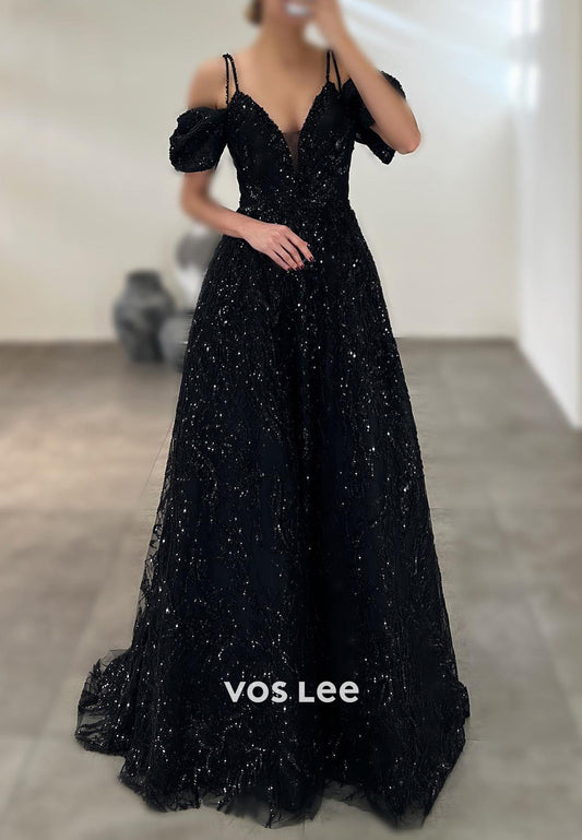 A-Line Short Sleeve Spaghetti Straps Fully Beaded Evening Dresses with Court Train