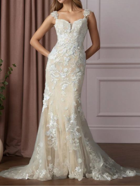 White Champagne Mermaid Sweetheart Sequins Tulle Wedding Dress