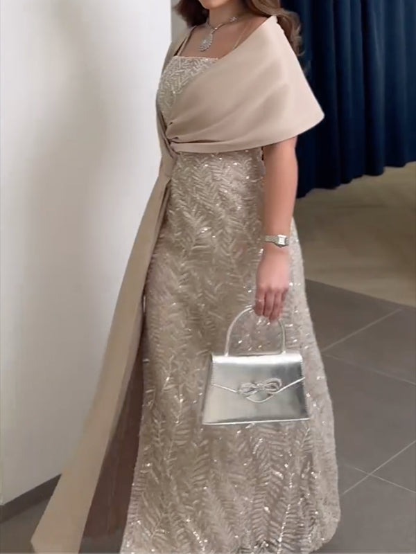 Elegant Sequin Evening Gown | Draped Capelet Formal Dress with Slit