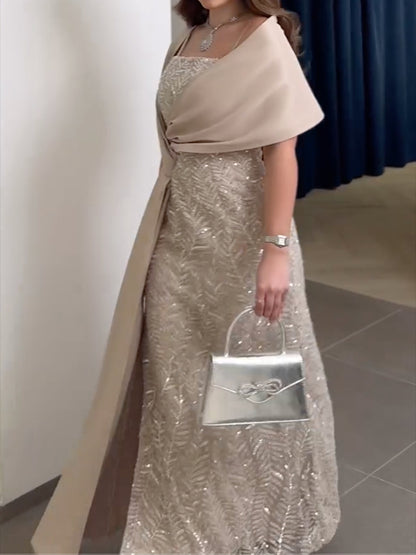 Elegant Sequin Evening Gown | Draped Capelet Formal Dress with Slit
