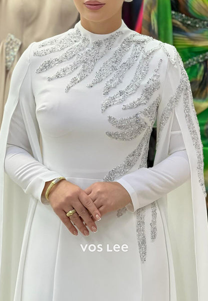 Long Sleeve Scoop Beaded Embellished Floor-Length Sheath Evening Dresses