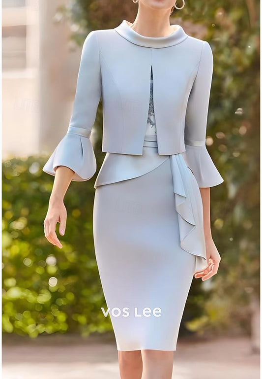 Sky Blue Bell Sleeves Appliques Knee-Length Mermaid Mother of Bride Dresses