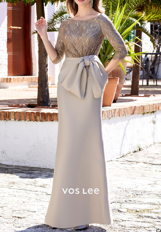 Simple & Classic A-Line 3/4 Sleeve Scoop Bowknot Floor-Length Mother of Bride Dress