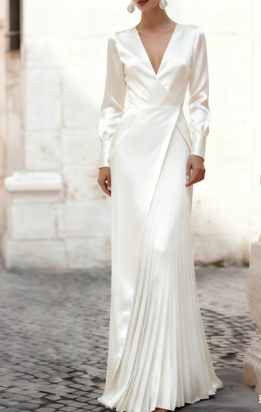 V Back Long Sleeves Pleated Evening Gown Wedding Guest Dress