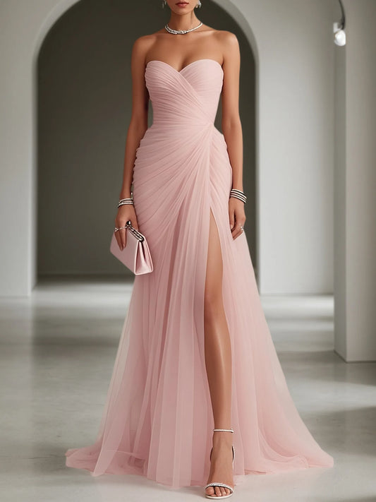 Pink Ruched Slit Tulle Strapless Sleeveless Sheath Gown Dress