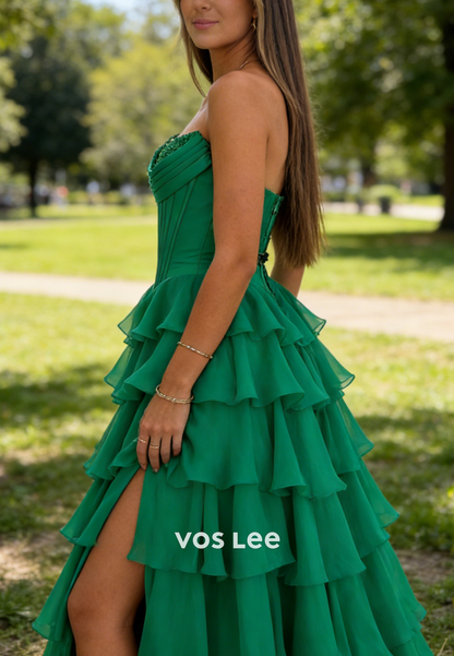 Green Sweetheart Chiffon Ruffled A Line Formal Prom Dresses