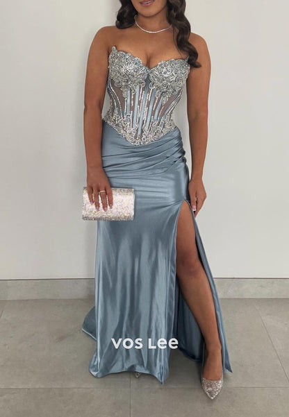 Blue Strapless Sweetheart Beaded Mermaid Split Long Dress
