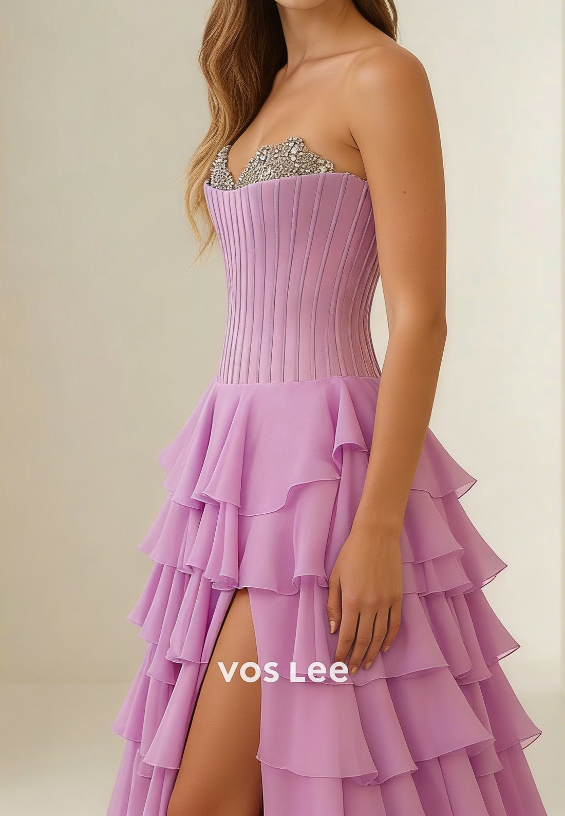 Beading Sweetheart Chiffon Ruffled A Line Formal Prom Dresses With Split