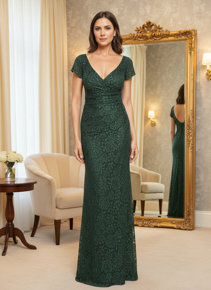 V-Neck Lace Cap Sleeves Dark Green Sheath Floor Length Mother Of The Bride Dress