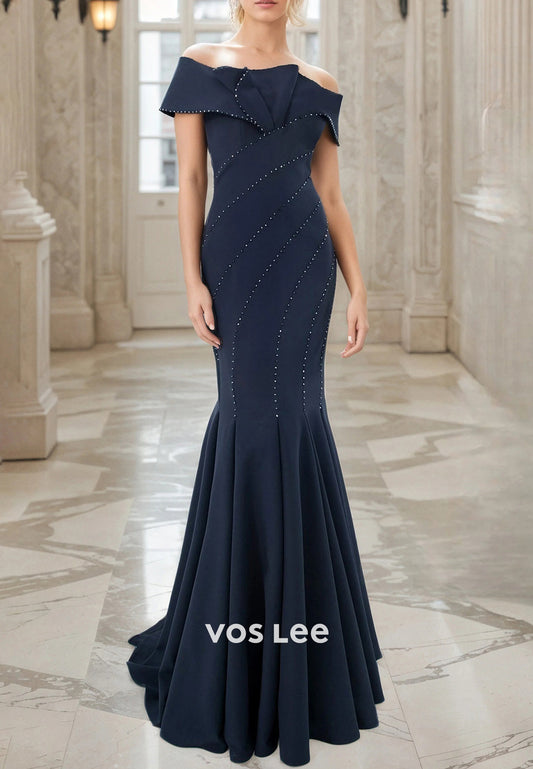 Luxurious Off the Shoulder Pleated Trumpet Mother of Bride Dresses with Sweep Train
