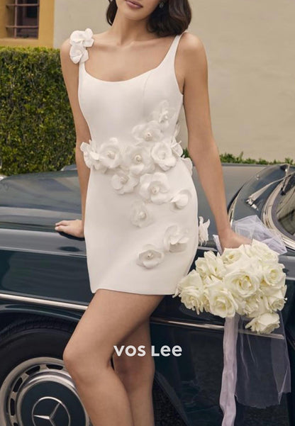 Mini & Short A-Line Spaghetti Straps Scoop Flowers Appliqued Beach Wedding Dresses