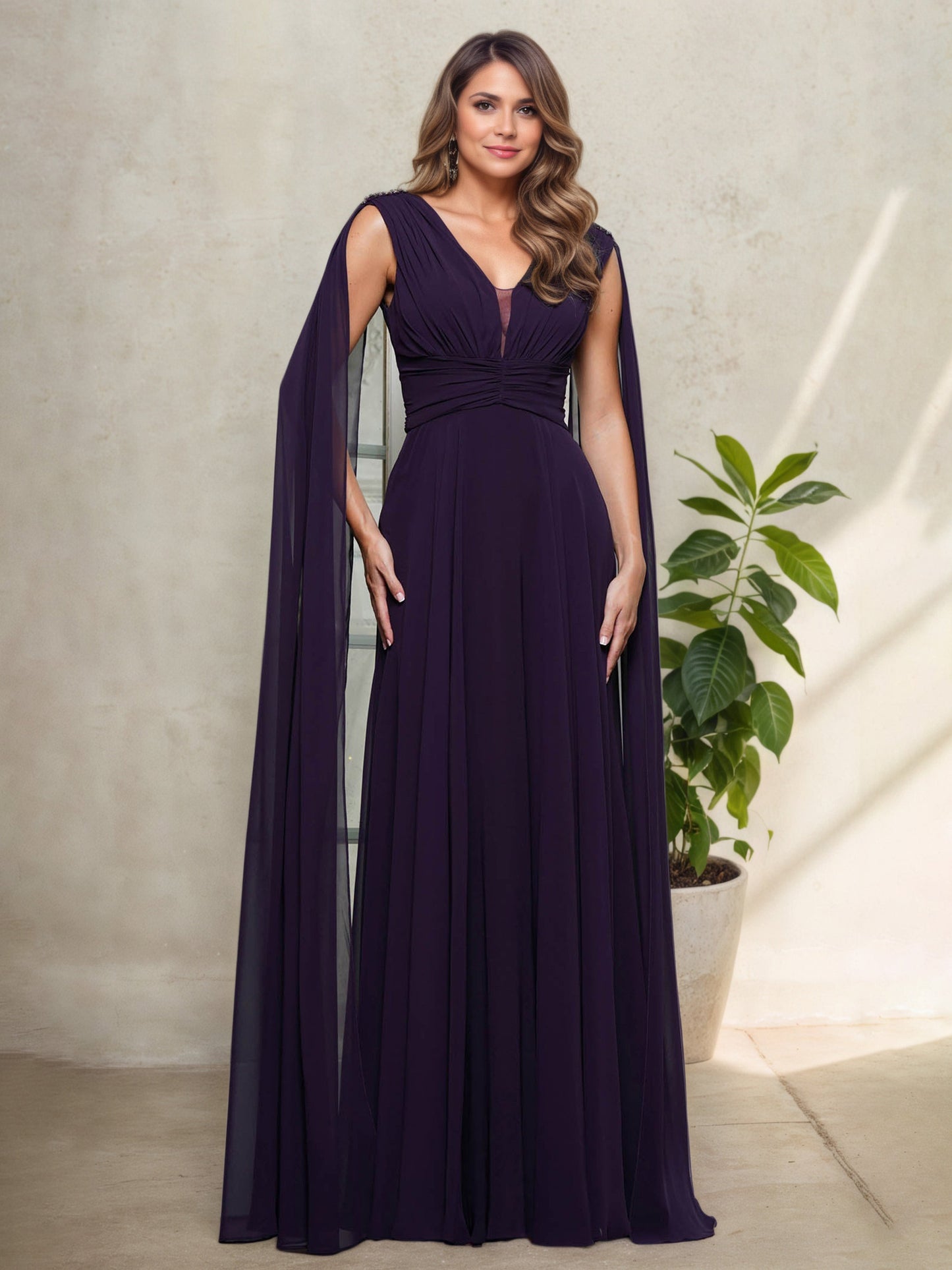 Sleeveless V-Neck Aubergine Pleats A-Line Mother Of The Bride Dress