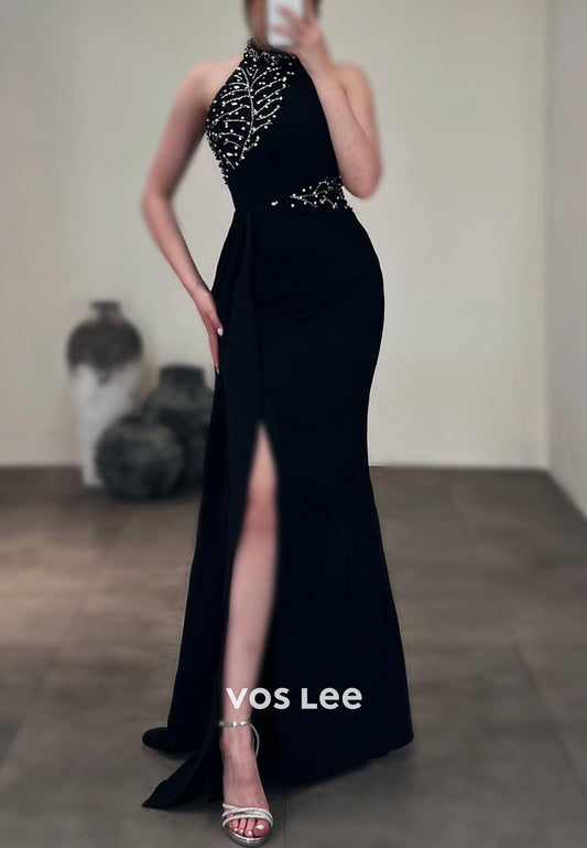 Halter Rhinestone Beading Embellished Floor-Length Mermaid Evening Dresses with Side Spilt