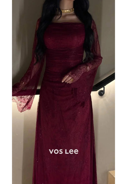 Sparkle & Shine Burgundy Allover Lace Ankle-Length Pleated Sheath Evening Dresses