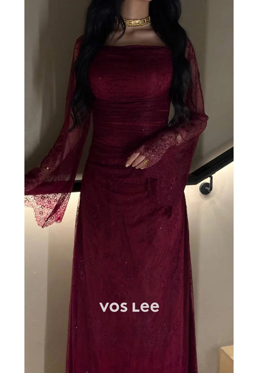 Sparkle & Shine Burgundy Allover Lace Ankle-Length Pleated Sheath Evening Dresses