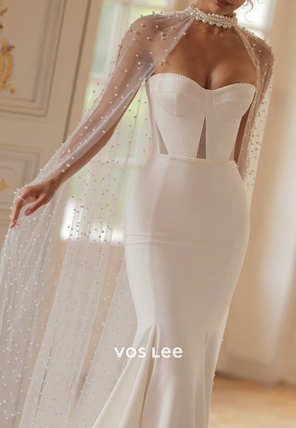 Simple & Casual Strapless Sweetheart Pearls Trumpet Wedding Dresses with Sweep Train