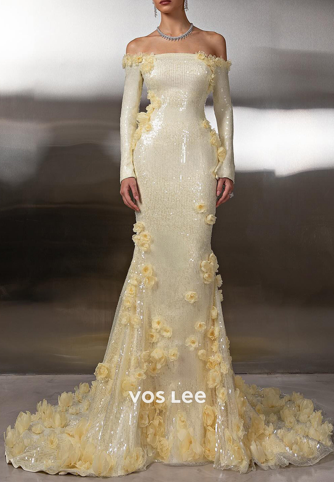 Fully Sequined Long Sleeve Floral Appliqued Off the Shoulder Prom Dresses