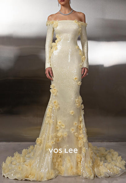 Fully Sequined Long Sleeve Floral Appliqued Off the Shoulder Prom Dresses