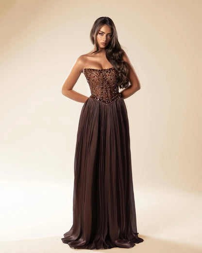 Strapless Sleeveless Long Pleated A-Line Prom Dress With Beadings And Rhinstone
