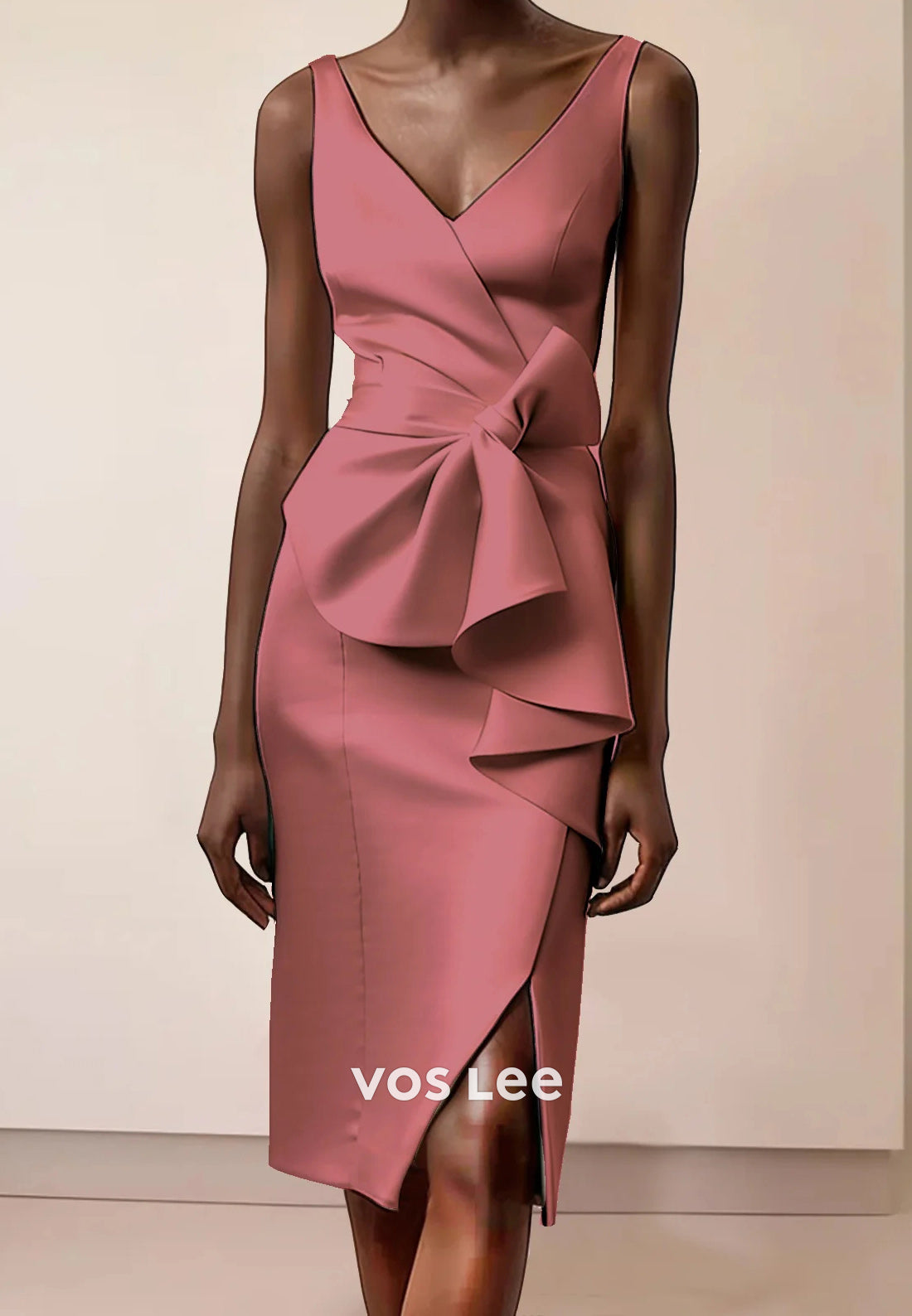 Regular Straps V Neck Pleated Bowknot Knee-Length Sheath Wedding Guest Dresses