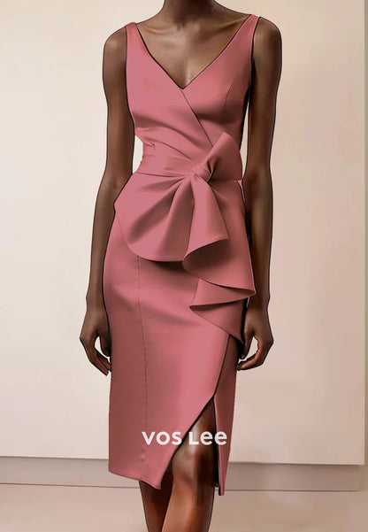 Regular Straps V Neck Pleated Bowknot Knee-Length Sheath Wedding Guest Dresses