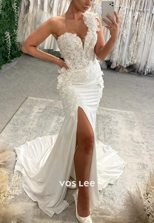One Shoulder Appliques Lace Beach Mermaid Wedding Dresses with Side Split