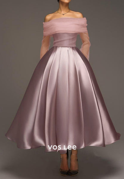 Two Pieces Long Sleeve A-Line Off the Shoulder Ankle-Length Prom Dresses