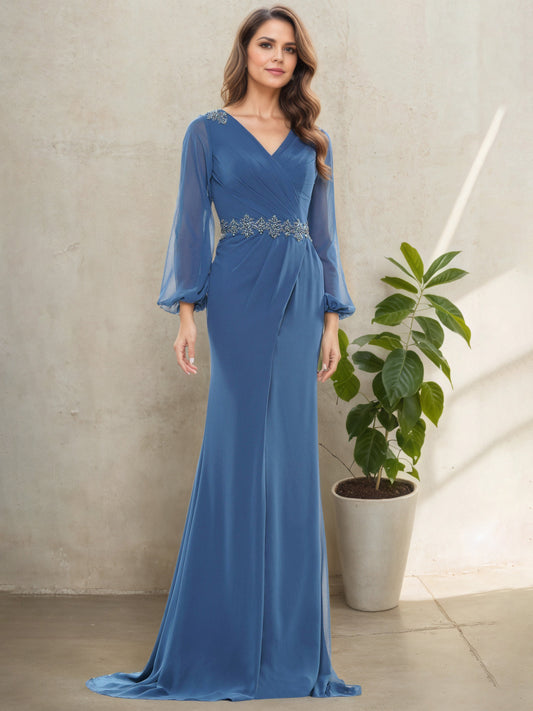 Lantern Sleeve Pleats Wedgewood V-Neck Mother Of The Bride Dress with Beading