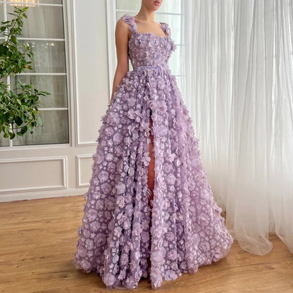 Chic Lilac 3D Embroidered Flowers Slit Evening Dress