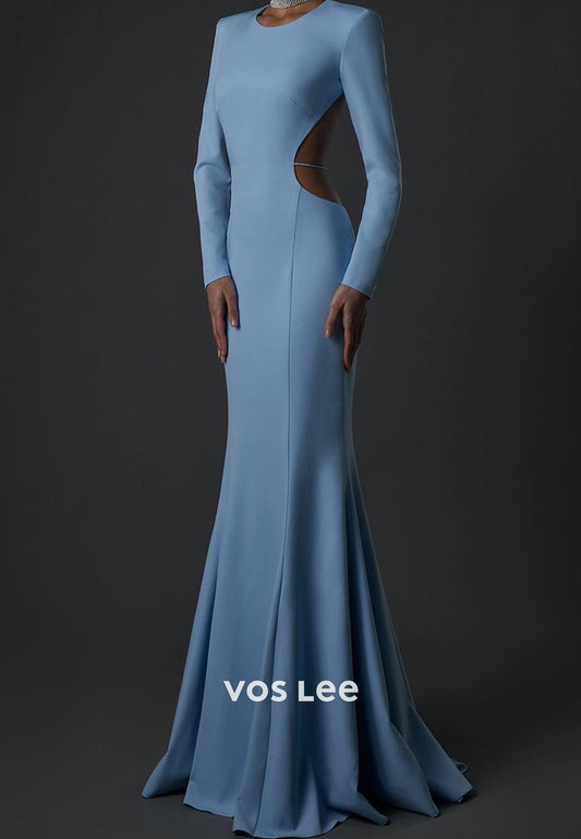 Long Sleeve Scoop Rhinestone Pleated Mermaid Evening Dresses with Sweep Train