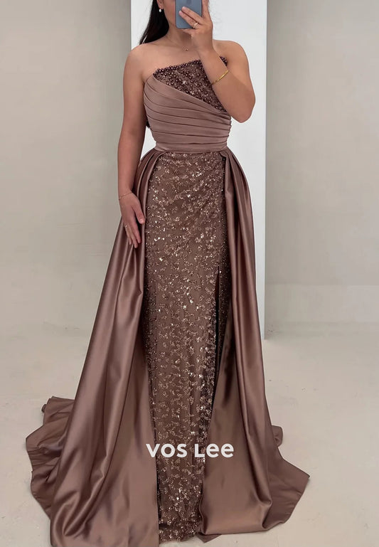 Simple Strapless Fully Beaded Sequins Pleated Mermaid Evening Dresses with Court Train