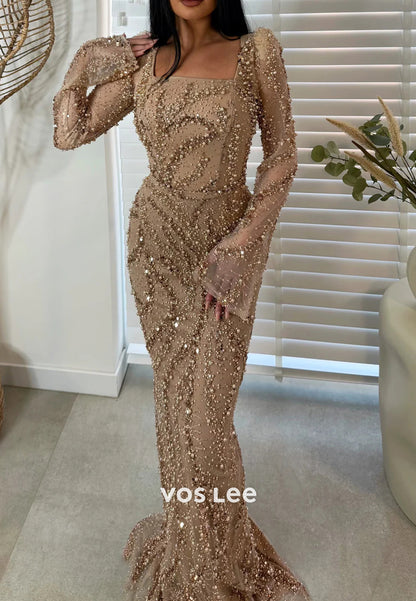Glamorous & Dramatic Bell Sleeves Square Mermaid Evening Dresses with Sweep Train