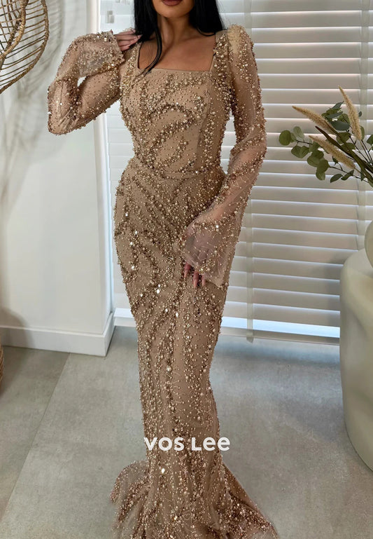 Glamorous & Dramatic Bell Sleeves Square Mermaid Evening Dresses with Sweep Train