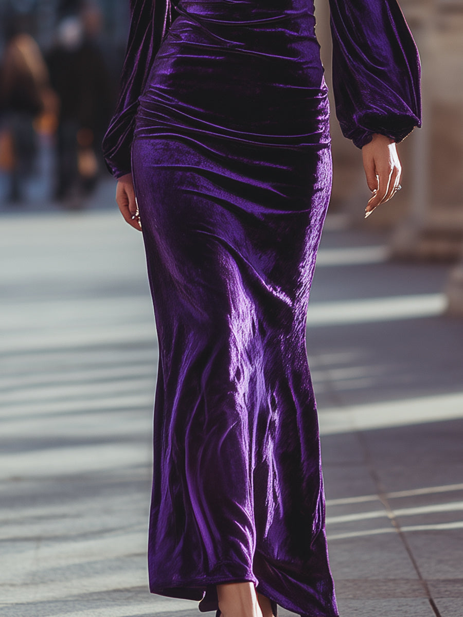 VOS LEE Off-Shoulder Purple Velvet Evening Gown