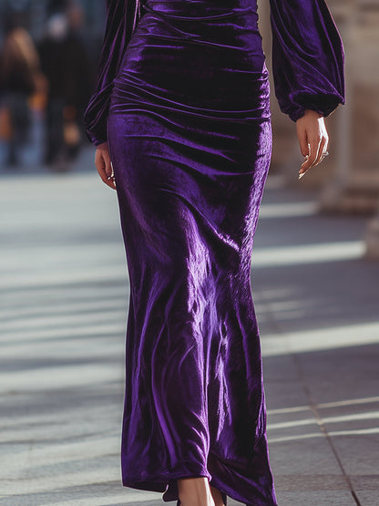 VOS LEE Off-Shoulder Purple Velvet Evening Gown