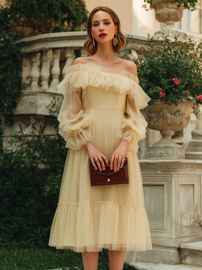 Off-Shoulder Ruffle Tulle Midi Dress
