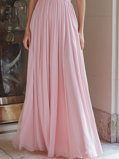 Blush Pink Halter Plunge Pleated Chiffon Maxi Dress