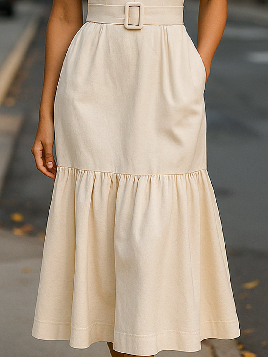 Cream Puff Sleeve Midi Dress With Belt And Tiered Hem Wedding Guest Dresses