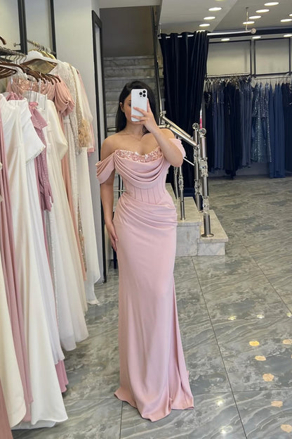 Pink Off-the-Shoulder Sweetheart Evening Dress Mermaid Long With Pleats Beadings