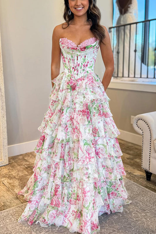 Gorgeous A Line Sweetheart Floral Chiffon Tiered Prom Dress with Slit